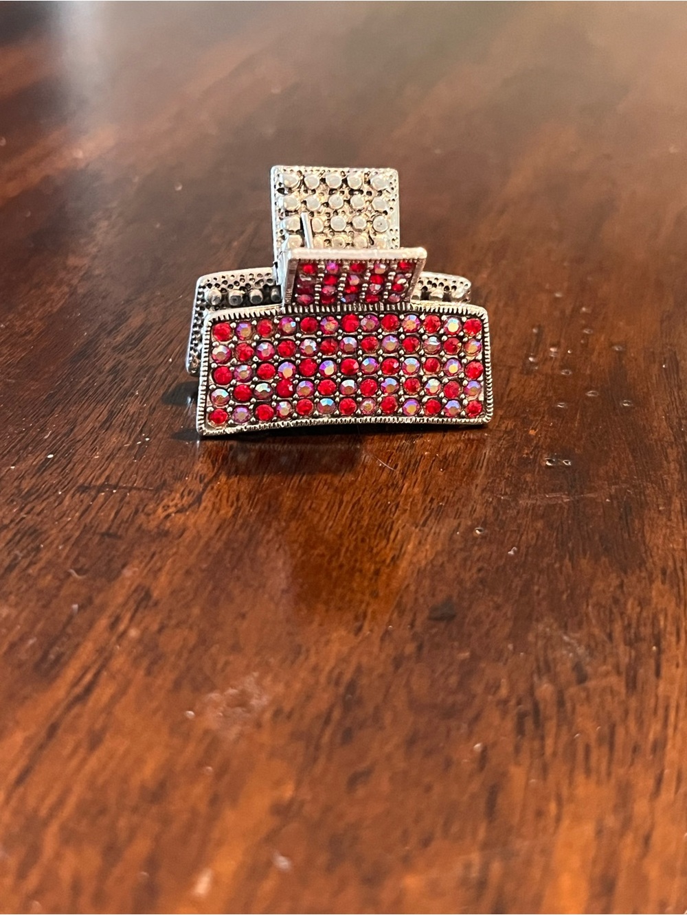 Red Crystal Bar Hair Clip - Silver Tone